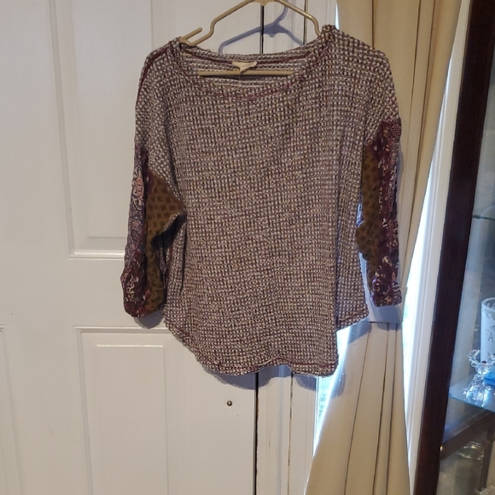 Mystree Textured Long Sleeve Top with Patterned Sleeves